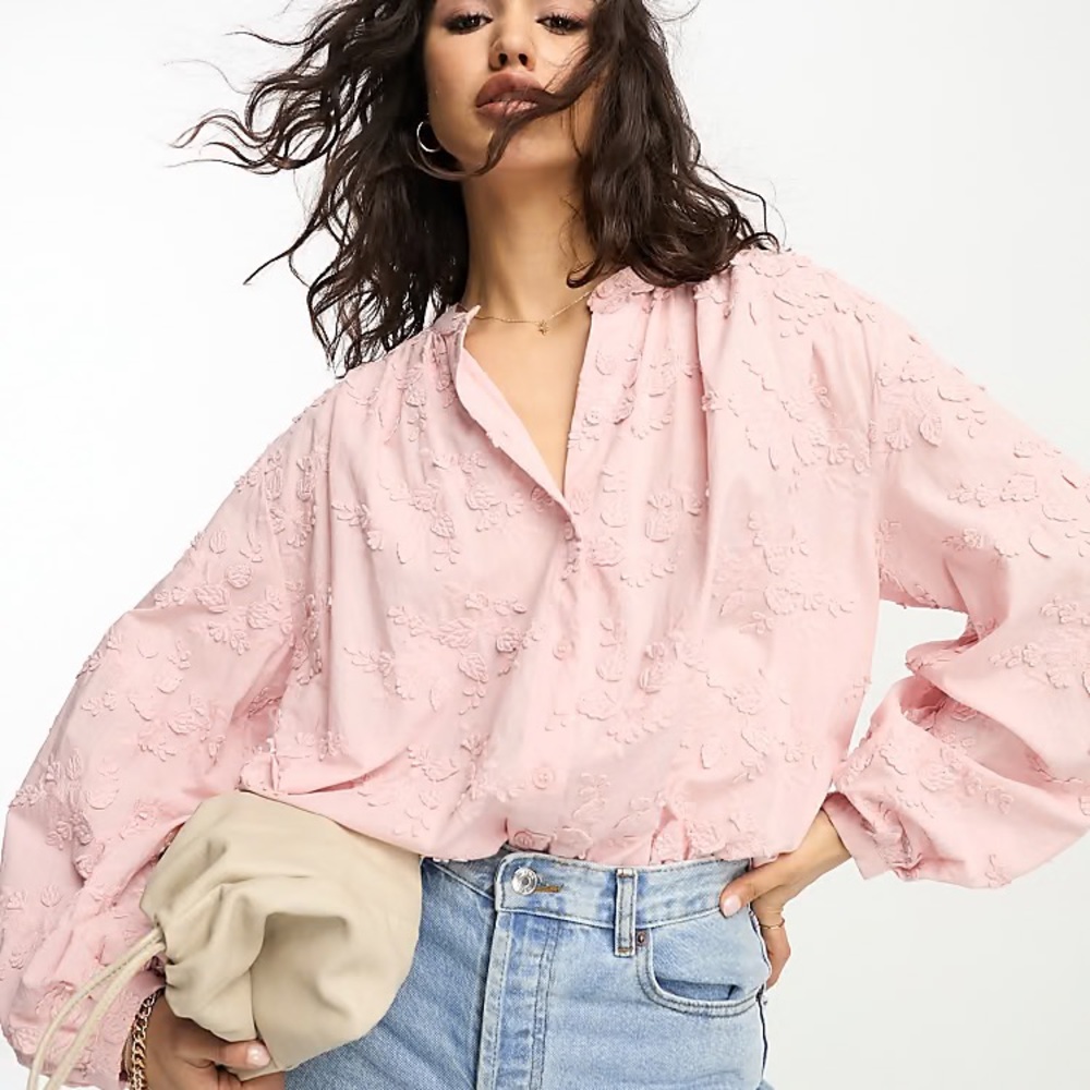 & OTHER STORIES WOMENS VOLUMINOUS FLORAL-APPLIQUÉ BLOUSE DUSTY PINK